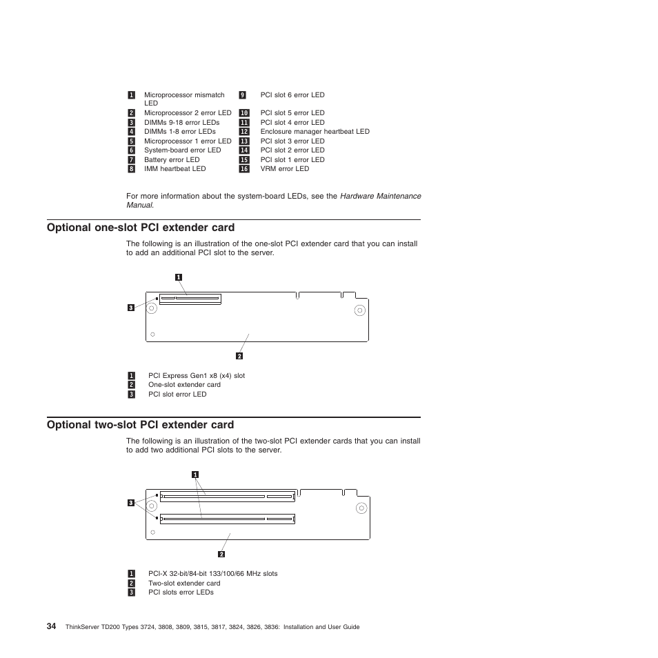 Optional one-slot pci extender card, Optional two-slot pci extender card | Lenovo ThinkServer TD200 User Manual | Page 52 / 228