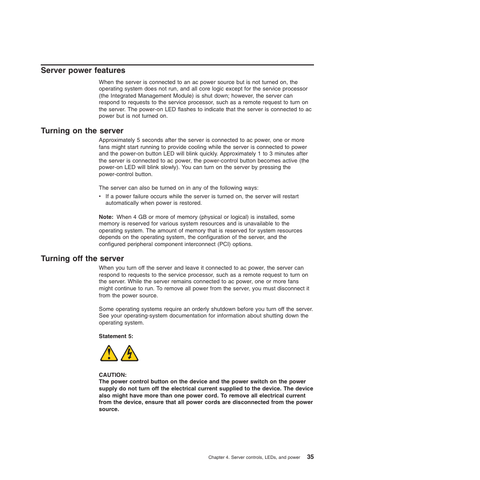 Server power features, Turning on the server, Turning off the server | Lenovo ThinkServer TD200 User Manual | Page 53 / 228