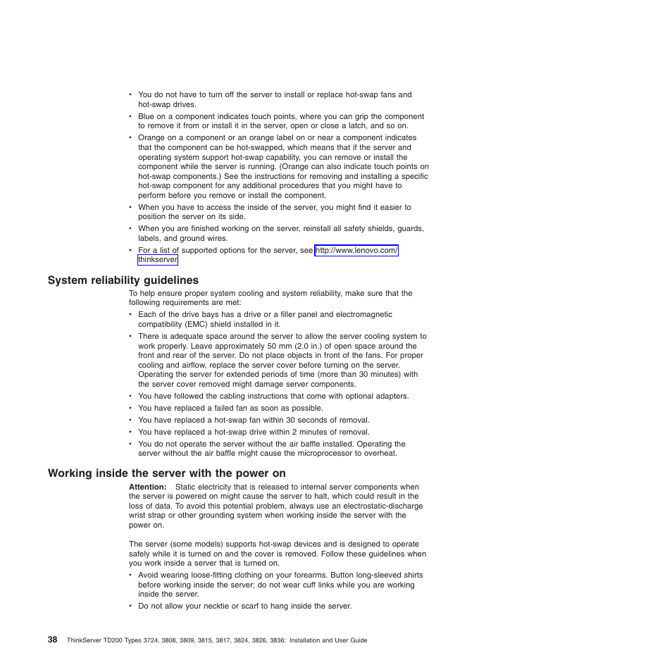 System reliability guidelines, Working inside the server with the power on | Lenovo ThinkServer TD200 User Manual | Page 56 / 228