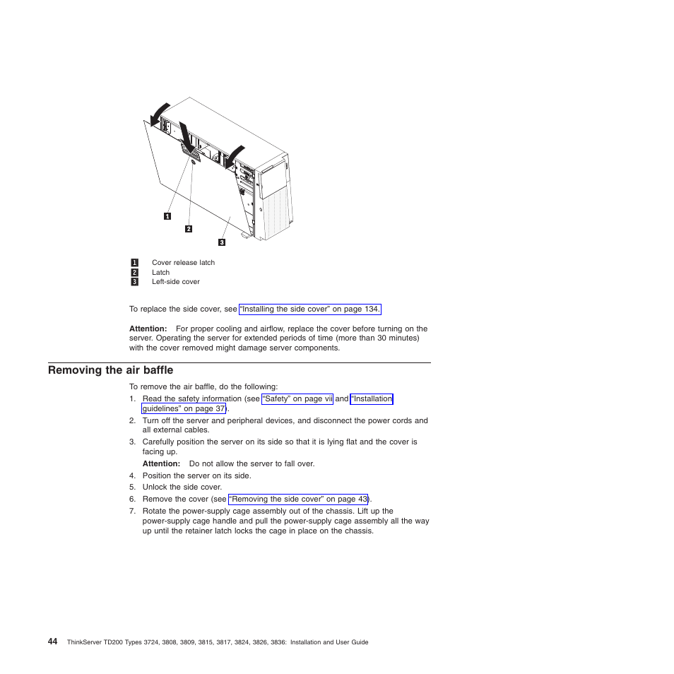 Removing the air baffle | Lenovo ThinkServer TD200 User Manual | Page 62 / 228