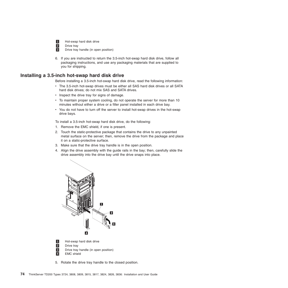 Installing a 3.5-inch hot-swap hard disk drive | Lenovo ThinkServer TD200 User Manual | Page 92 / 228