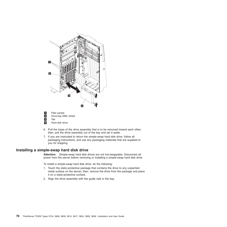 Installing a simple-swap hard disk drive | Lenovo ThinkServer TD200 User Manual | Page 94 / 228