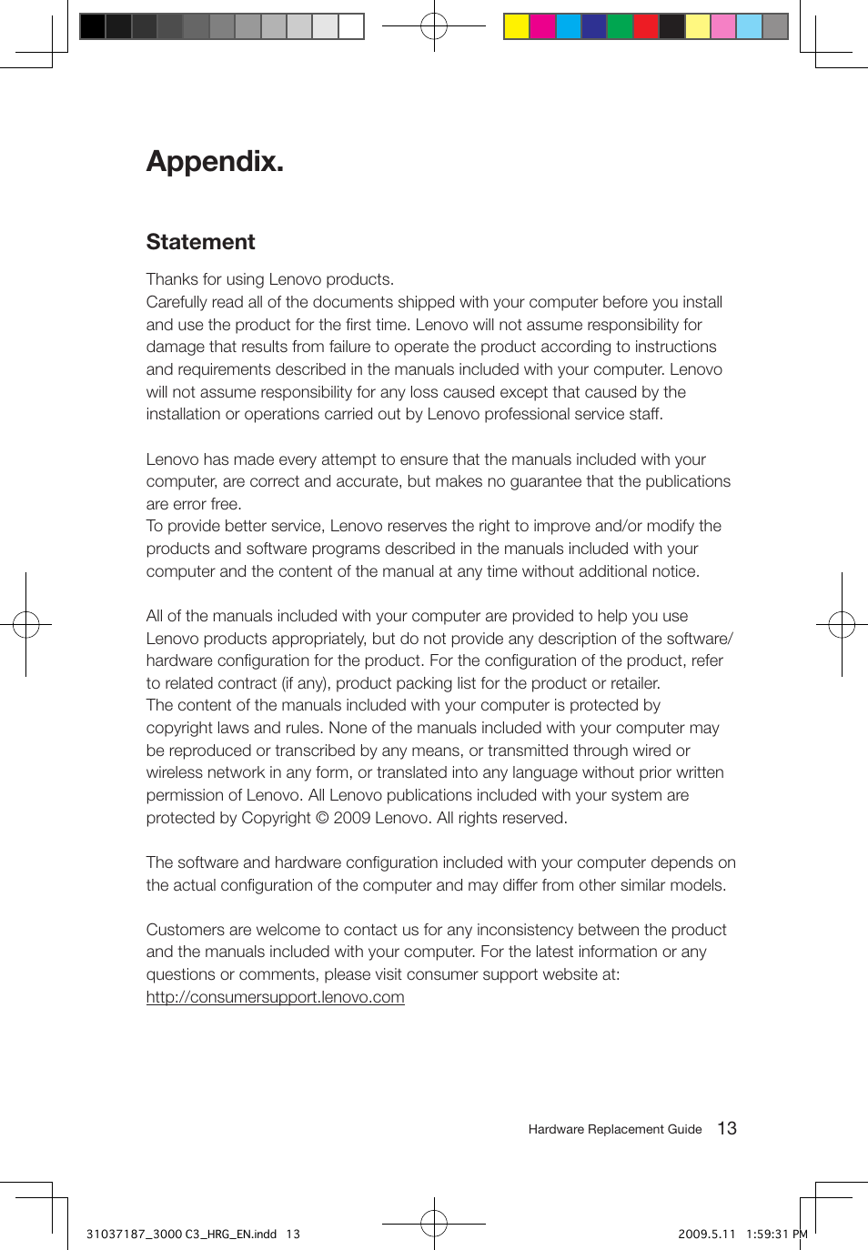 Appendix, Statement | Lenovo 3000 C305 All-In-One User Manual | Page 16 / 17