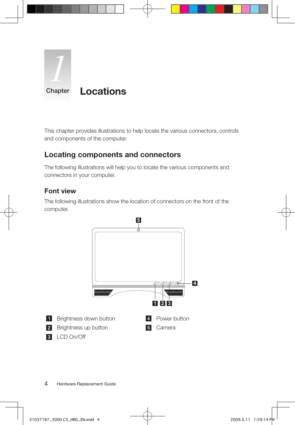 Locations, Locating components and connectors, Font view | Lenovo 3000 C305 All-In-One User Manual | Page 7 / 17