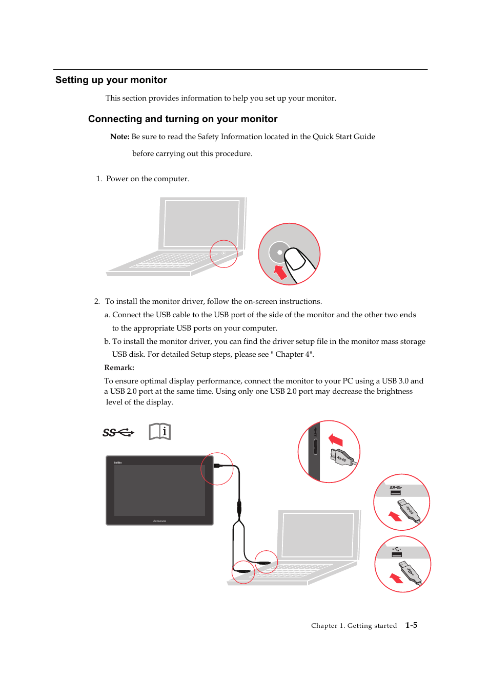 Setting up your monitor, Connecting and turning on your monitor | Lenovo ThinkVision LT1423p 13.3-inch IPS LED Backlit LCD Wireless Touch Monitor with pen User Manual | Page 11 / 38
