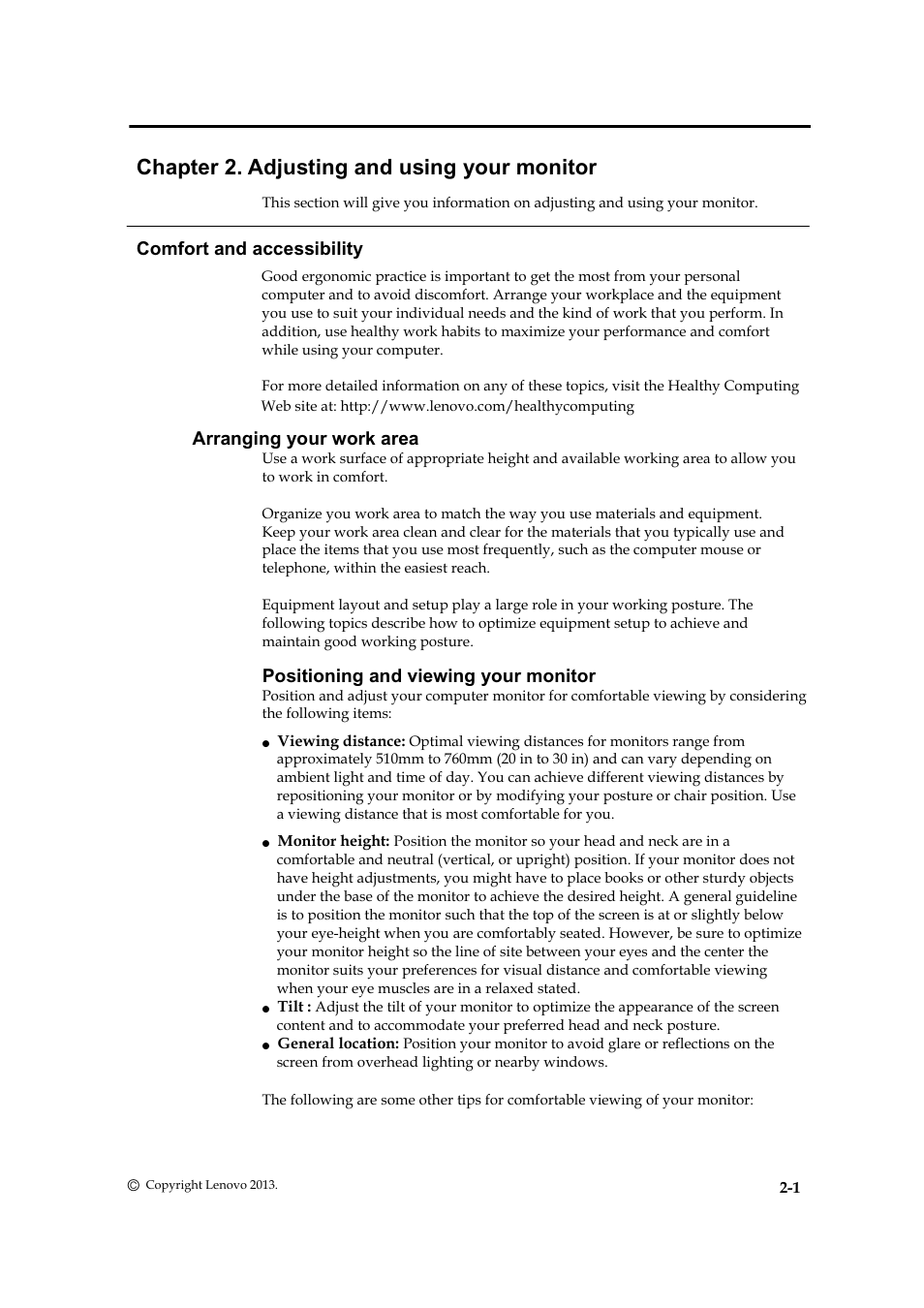 Chapter 2. adjusting and using your monitor, Comfort and accessibility, Arranging your work area | Positioning and viewing your monitor | Lenovo ThinkVision LT1423p 13.3-inch IPS LED Backlit LCD Wireless Touch Monitor with pen User Manual | Page 13 / 38