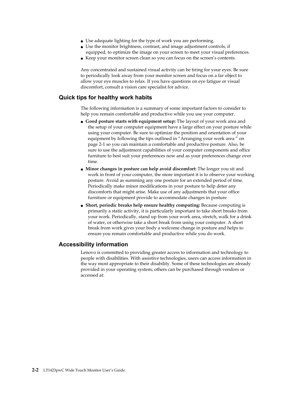 Quick tips for healthy work habits, Accessibility information | Lenovo ThinkVision LT1423p 13.3-inch IPS LED Backlit LCD Wireless Touch Monitor with pen User Manual | Page 14 / 38