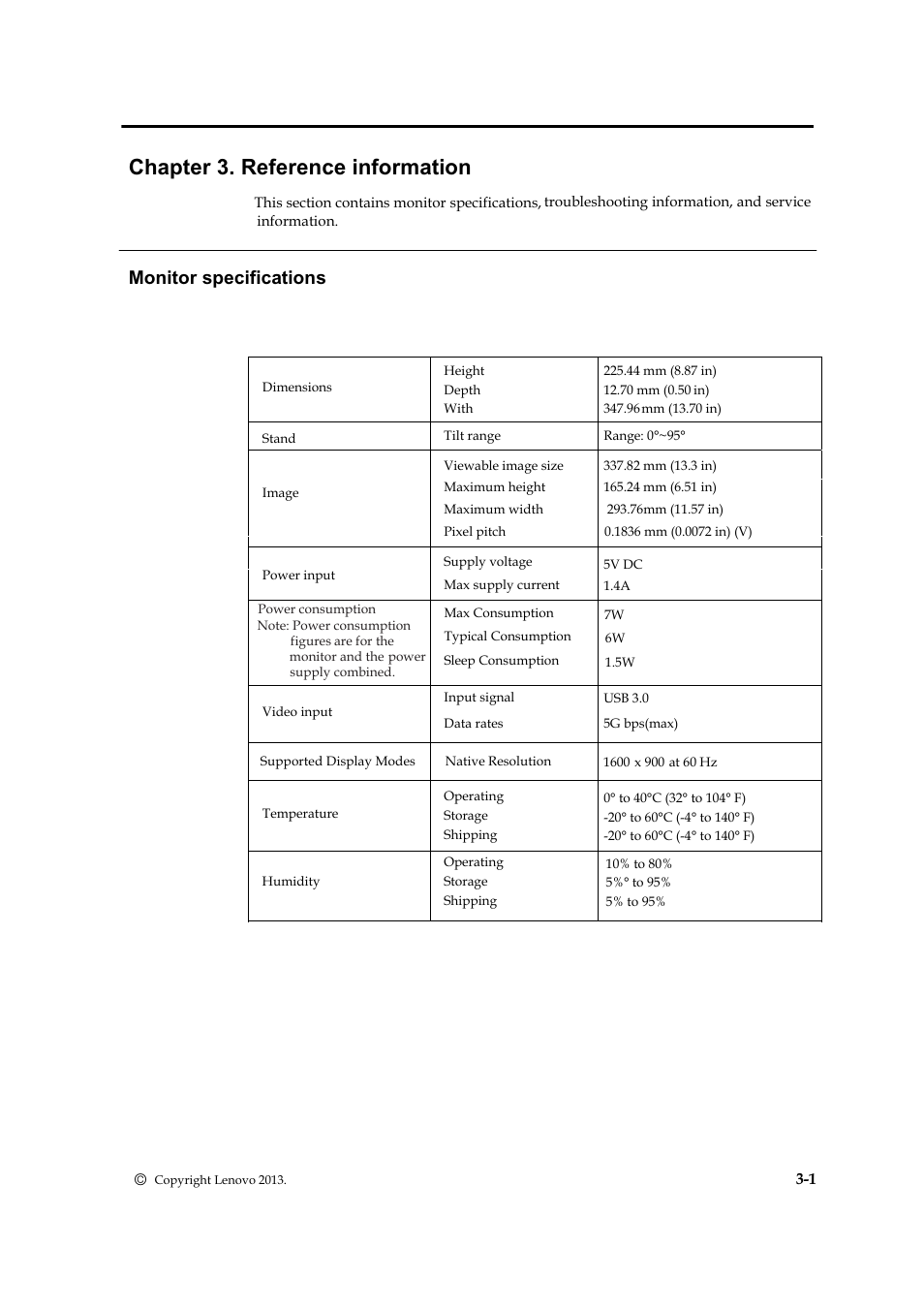 Chapter 3. reference information, Monitor specifications | Lenovo ThinkVision LT1423p 13.3-inch IPS LED Backlit LCD Wireless Touch Monitor with pen User Manual | Page 18 / 38