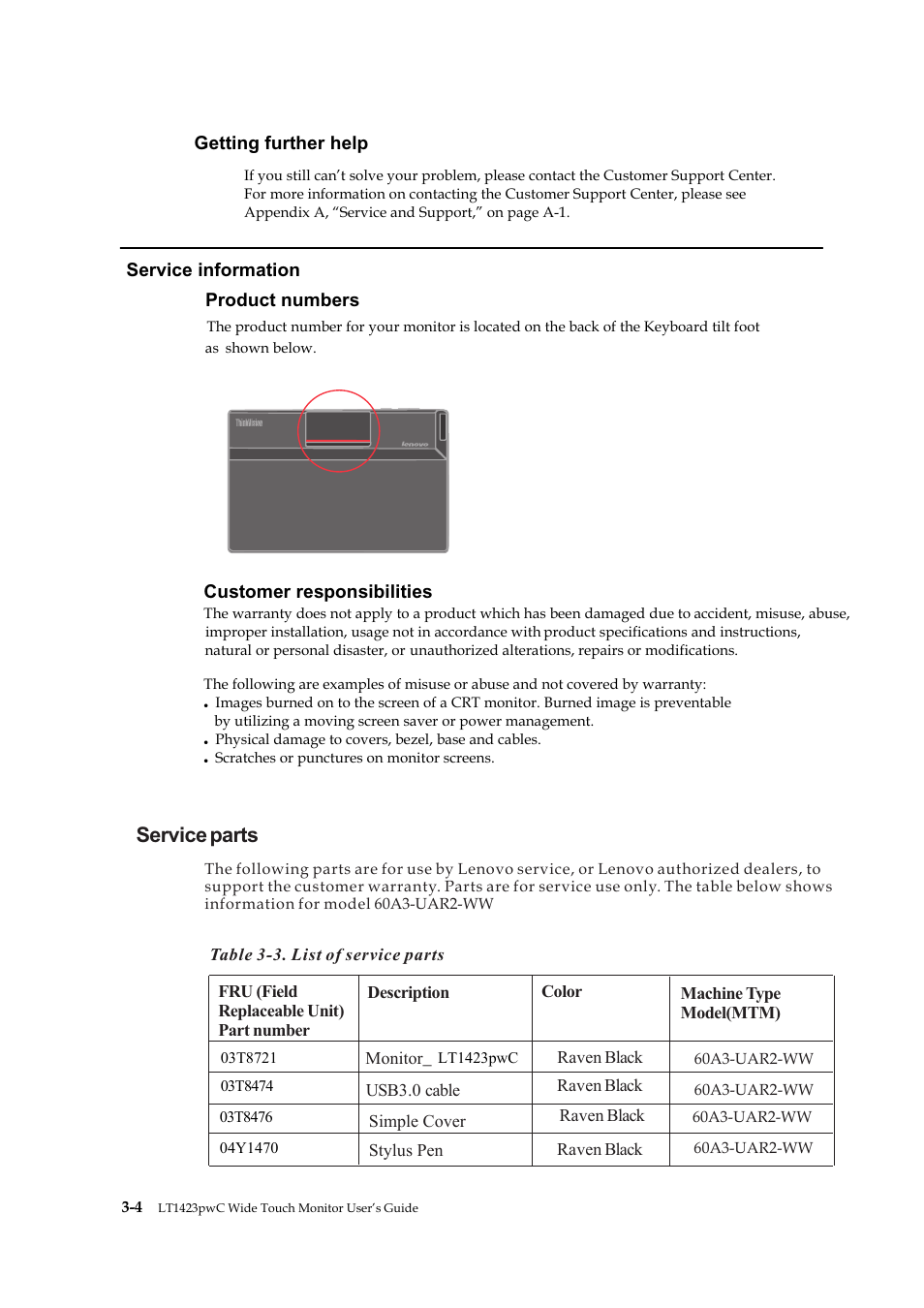 Service information, Service parts | Lenovo ThinkVision LT1423p 13.3-inch IPS LED Backlit LCD Wireless Touch Monitor with pen User Manual | Page 21 / 38