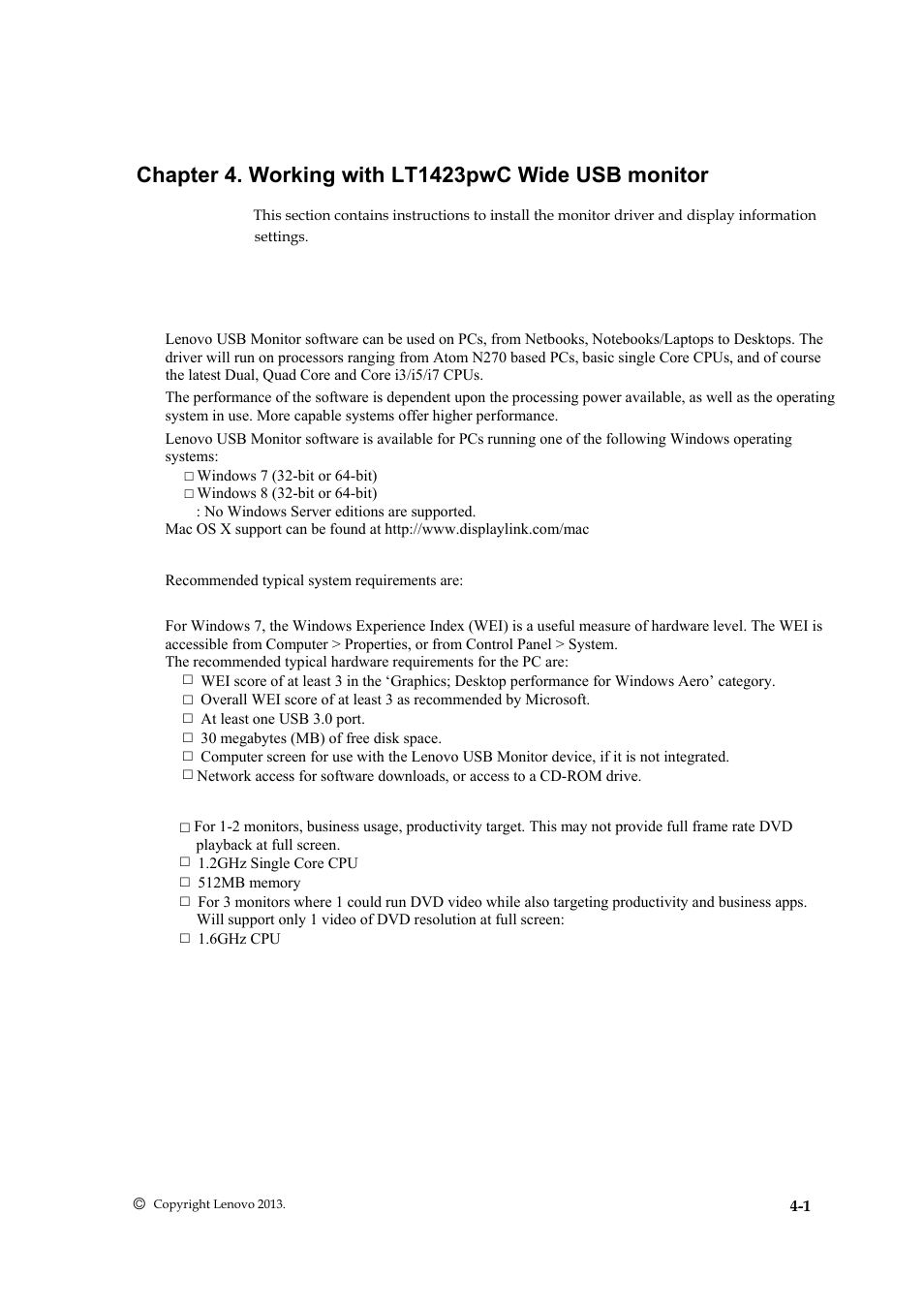 Chapter 4. working with lt1421 wide usb monitor, Driver installation | Lenovo ThinkVision LT1423p 13.3-inch IPS LED Backlit LCD Wireless Touch Monitor with pen User Manual | Page 22 / 38