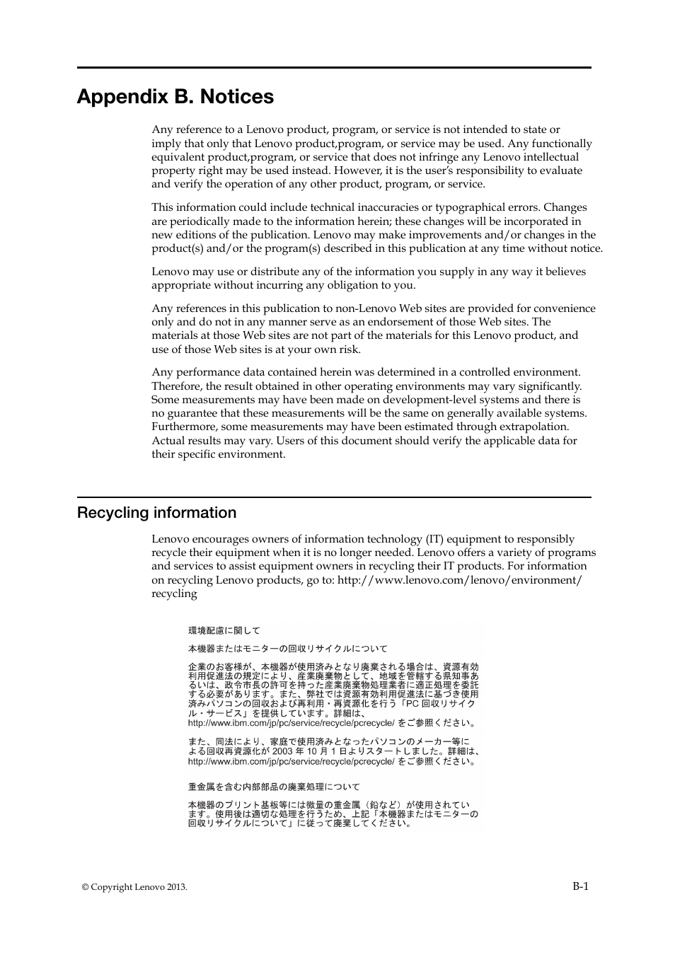 Appendix b. notices, Recycling information | Lenovo ThinkVision LT1423p 13.3-inch IPS LED Backlit LCD Wireless Touch Monitor with pen User Manual | Page 36 / 38