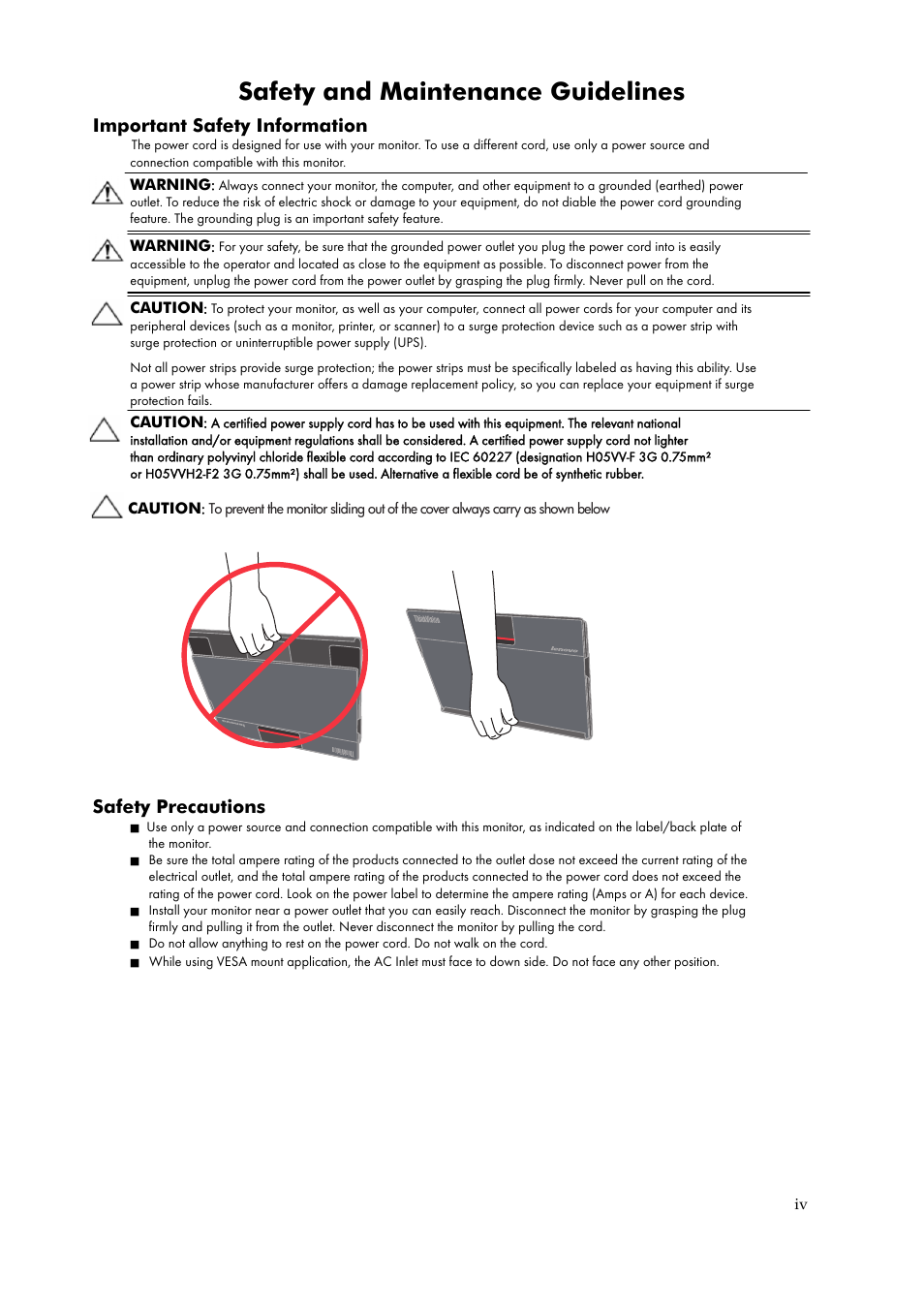 Safety and maintenance guidelines, Important safety information, Safety precautions | Lenovo ThinkVision LT1423p 13.3-inch IPS LED Backlit LCD Wireless Touch Monitor with pen User Manual | Page 5 / 38