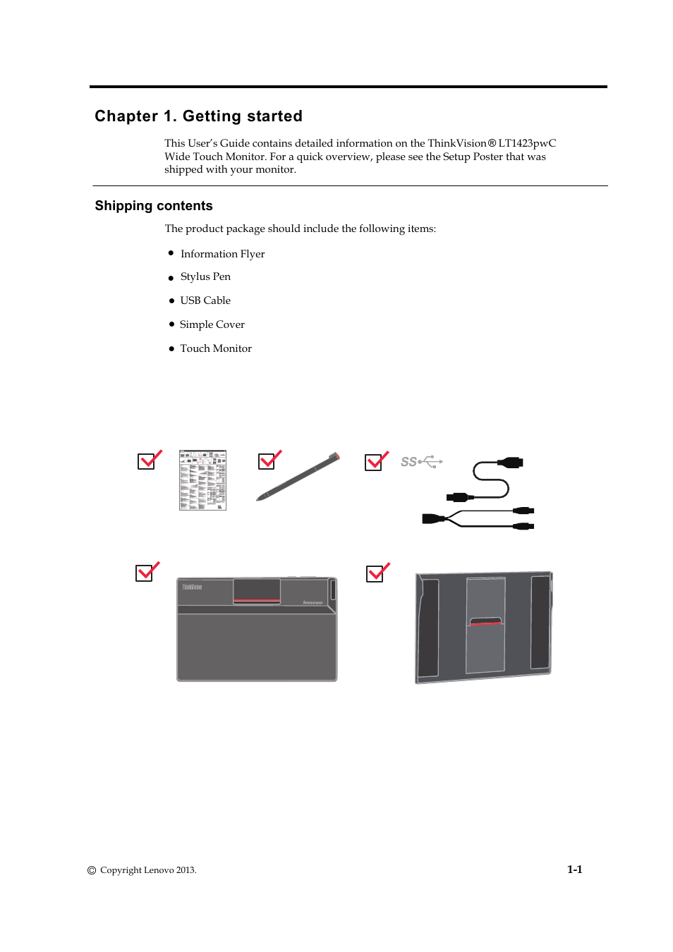 Chapter 1. getting started, Shipping contents | Lenovo ThinkVision LT1423p 13.3-inch IPS LED Backlit LCD Wireless Touch Monitor with pen User Manual | Page 7 / 38