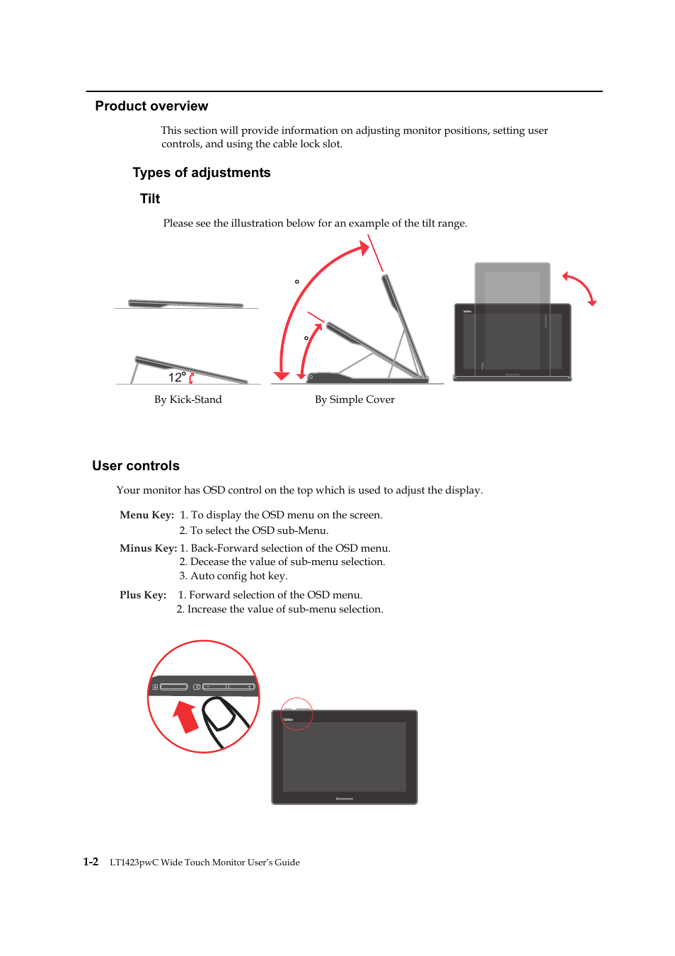 Product overview, Types of adjustments, User controls | Lenovo ThinkVision LT1423p 13.3-inch IPS LED Backlit LCD Wireless Touch Monitor with pen User Manual | Page 8 / 38