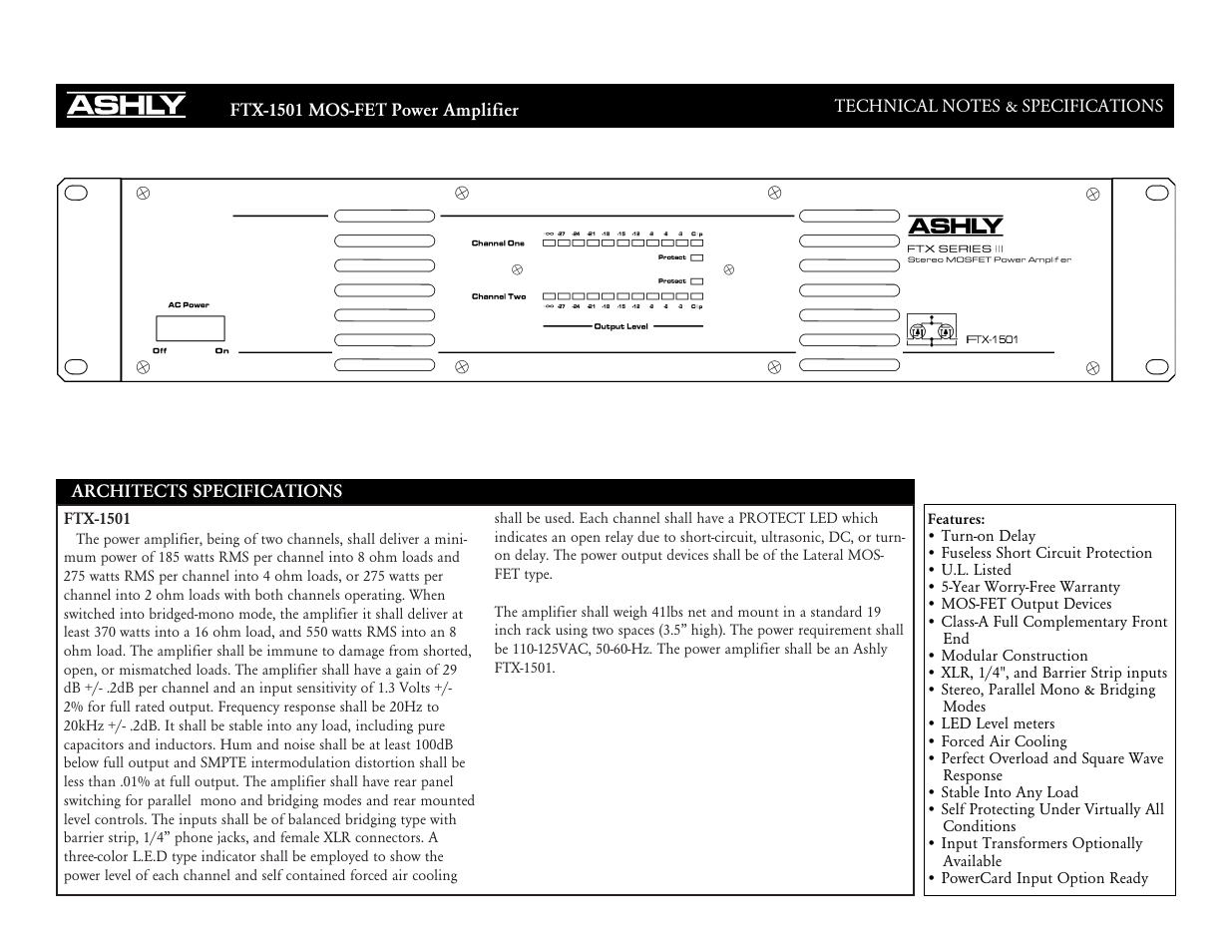 Ashly FTX FTX-1501 User Manual | 2 pages