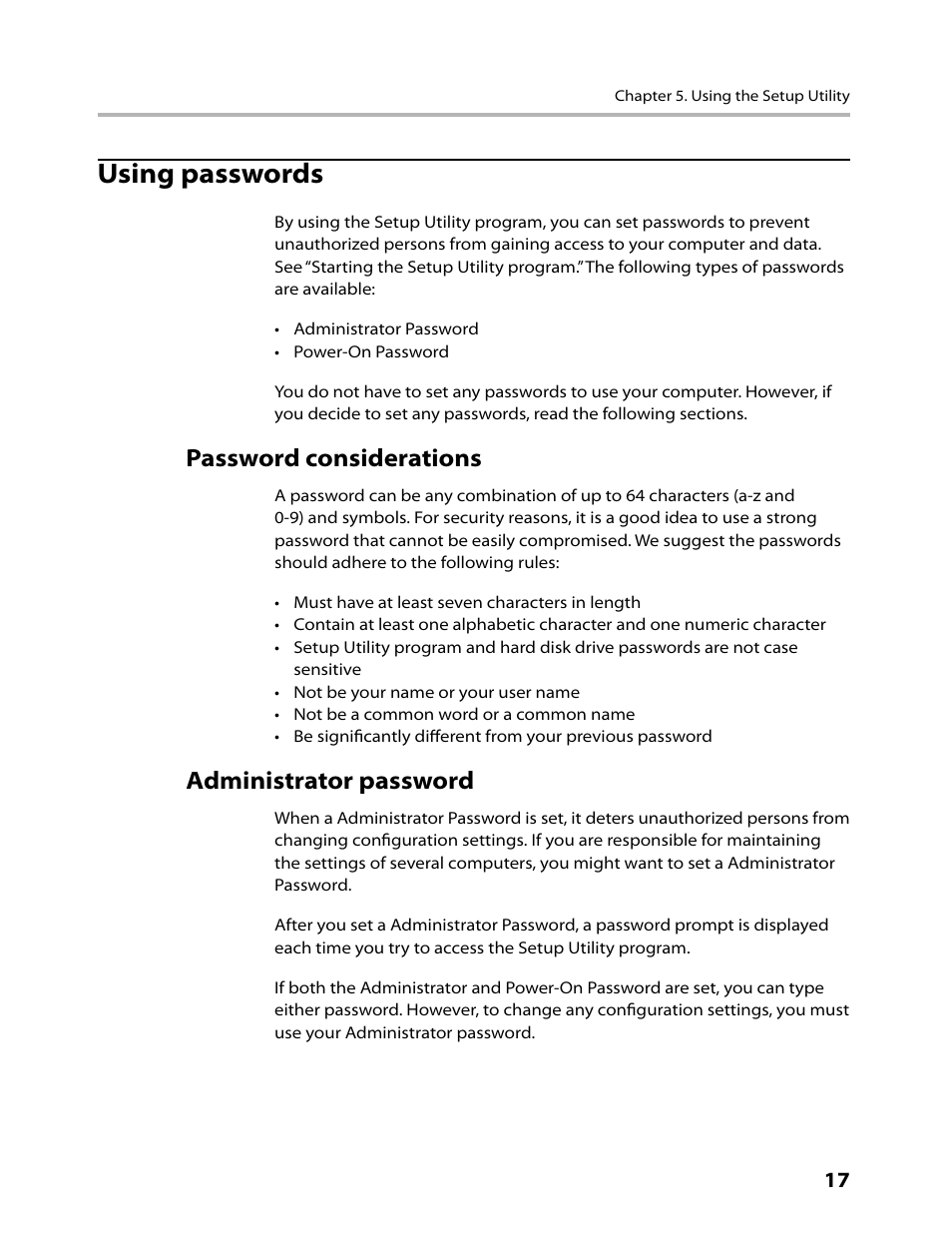 Using passwords, Password considerations, Administrator password | Lenovo IdeaCentre B500 User Manual | Page 19 / 60