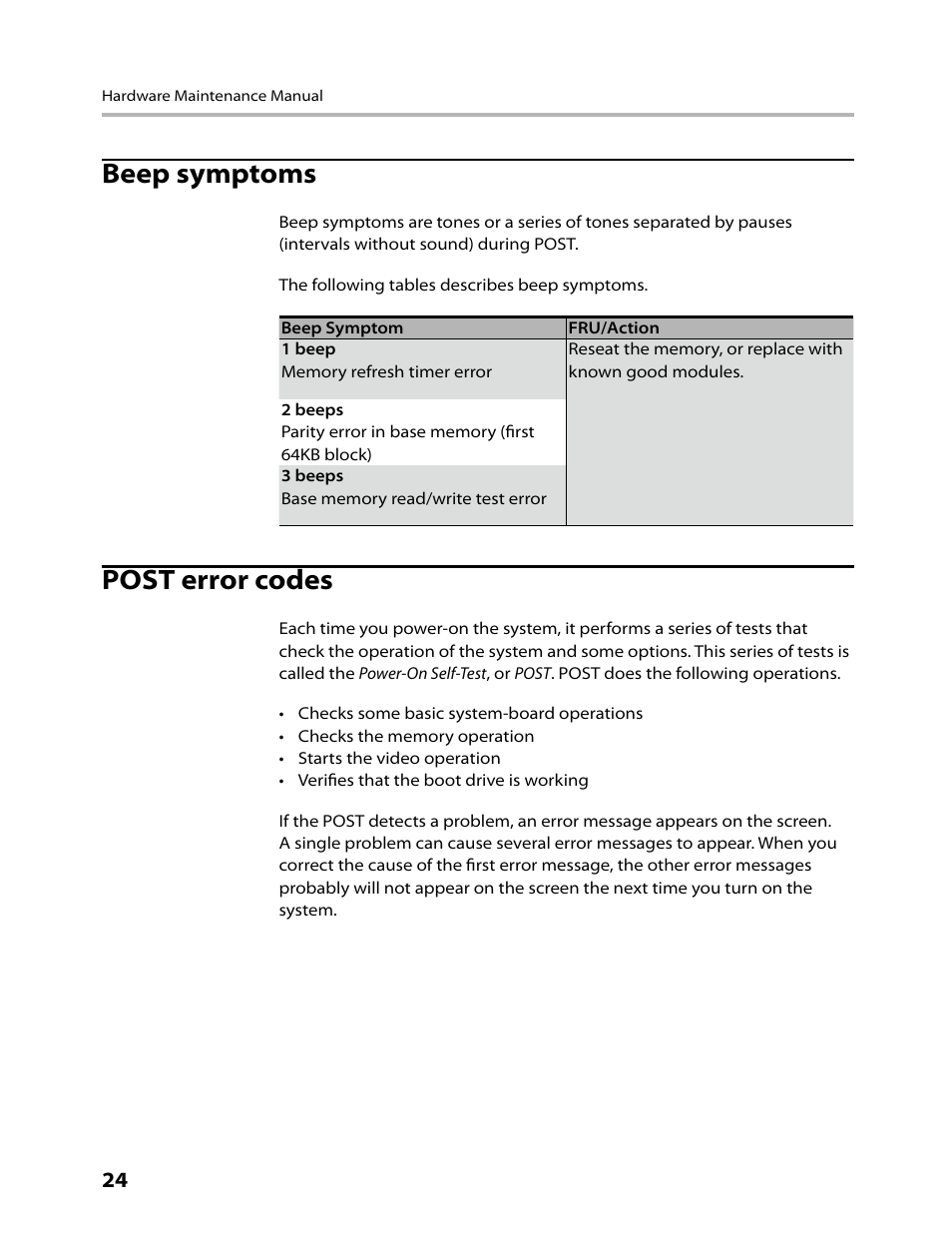 Beep symptoms, Post error codes | Lenovo IdeaCentre B500 User Manual | Page 26 / 60