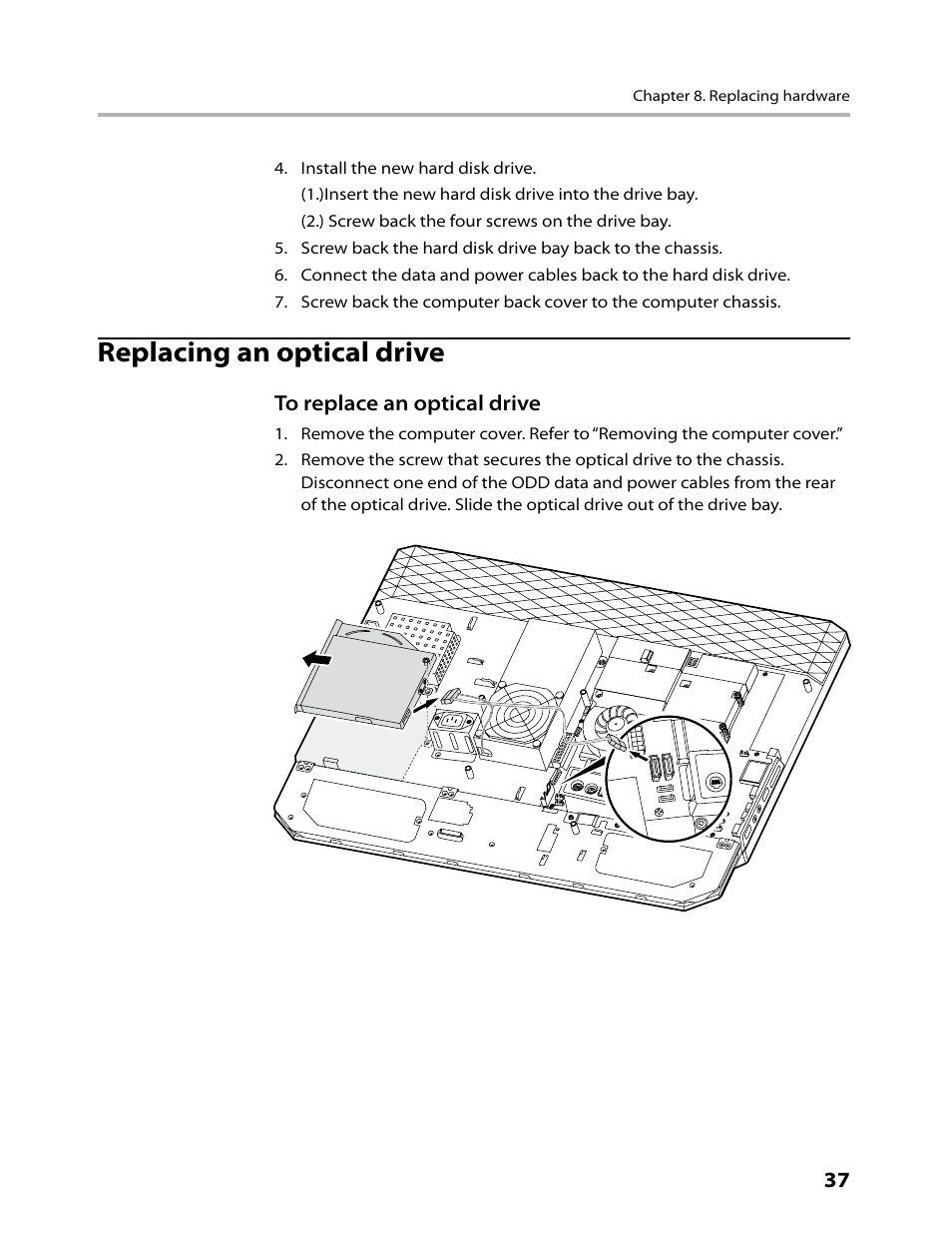 Replacing an optical drive | Lenovo IdeaCentre B500 User Manual | Page 39 / 60