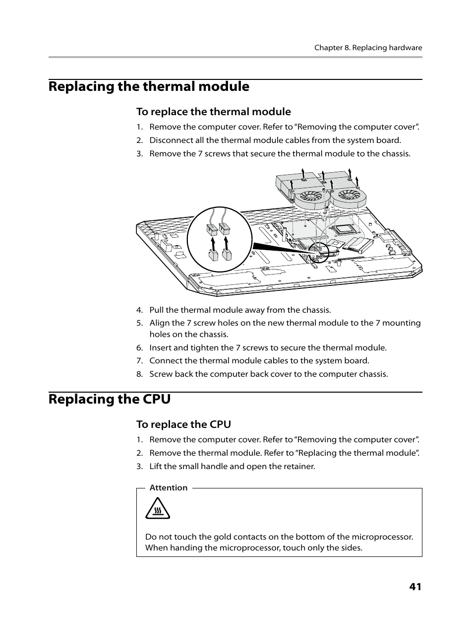 Replacing the thermal module, Replacing the cpu | Lenovo IdeaCentre B500 User Manual | Page 43 / 60