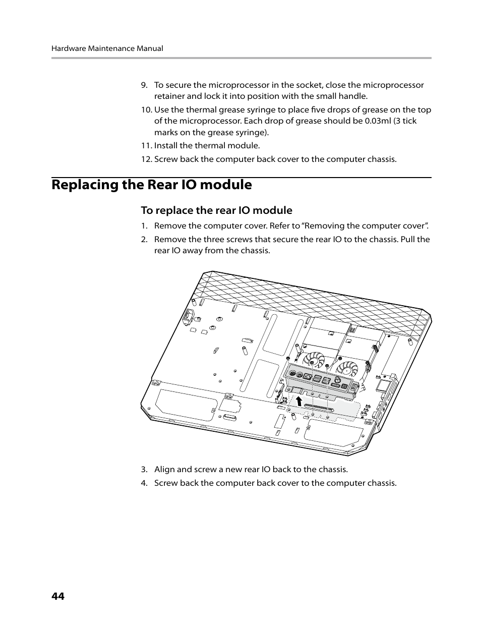 Replacing the rear io module | Lenovo IdeaCentre B500 User Manual | Page 46 / 60