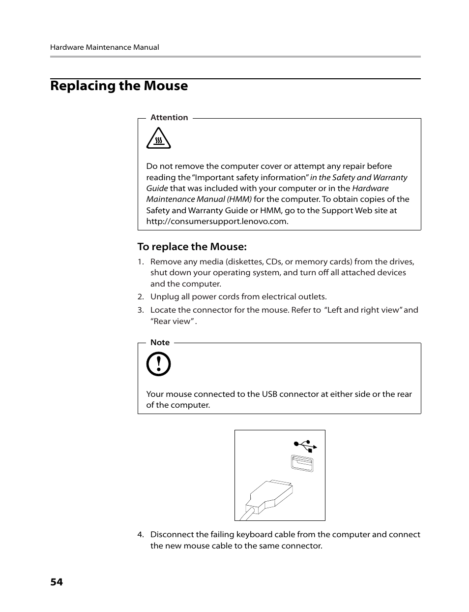 Replacing the mouse | Lenovo IdeaCentre B500 User Manual | Page 56 / 60