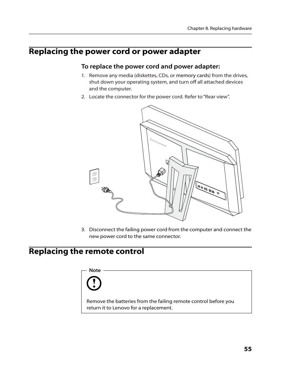 Replacing the power cord or power adapter, Replacing the remote control | Lenovo IdeaCentre B500 User Manual | Page 57 / 60