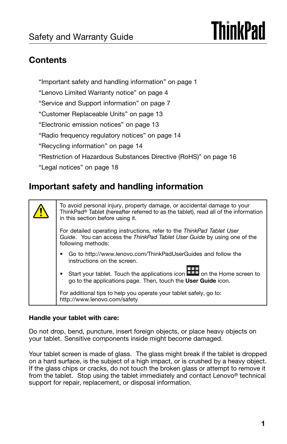 Lenovo ThinkPad Tablet User Manual | 20 pages