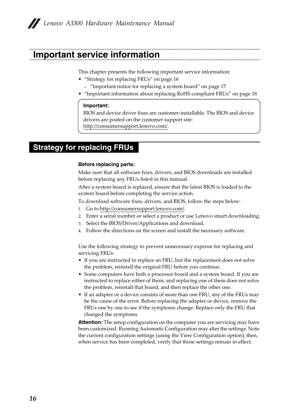 Important service information, Strategy for replacing frus, Lenovo a3300 hardware maintenance manual | Lenovo A7 30 Tablet User Manual | Page 20 / 66