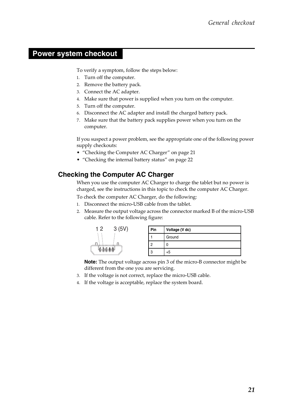 Power system checkout, Checking the computer ac charger, General checkout | Lenovo A7 30 Tablet User Manual | Page 25 / 66