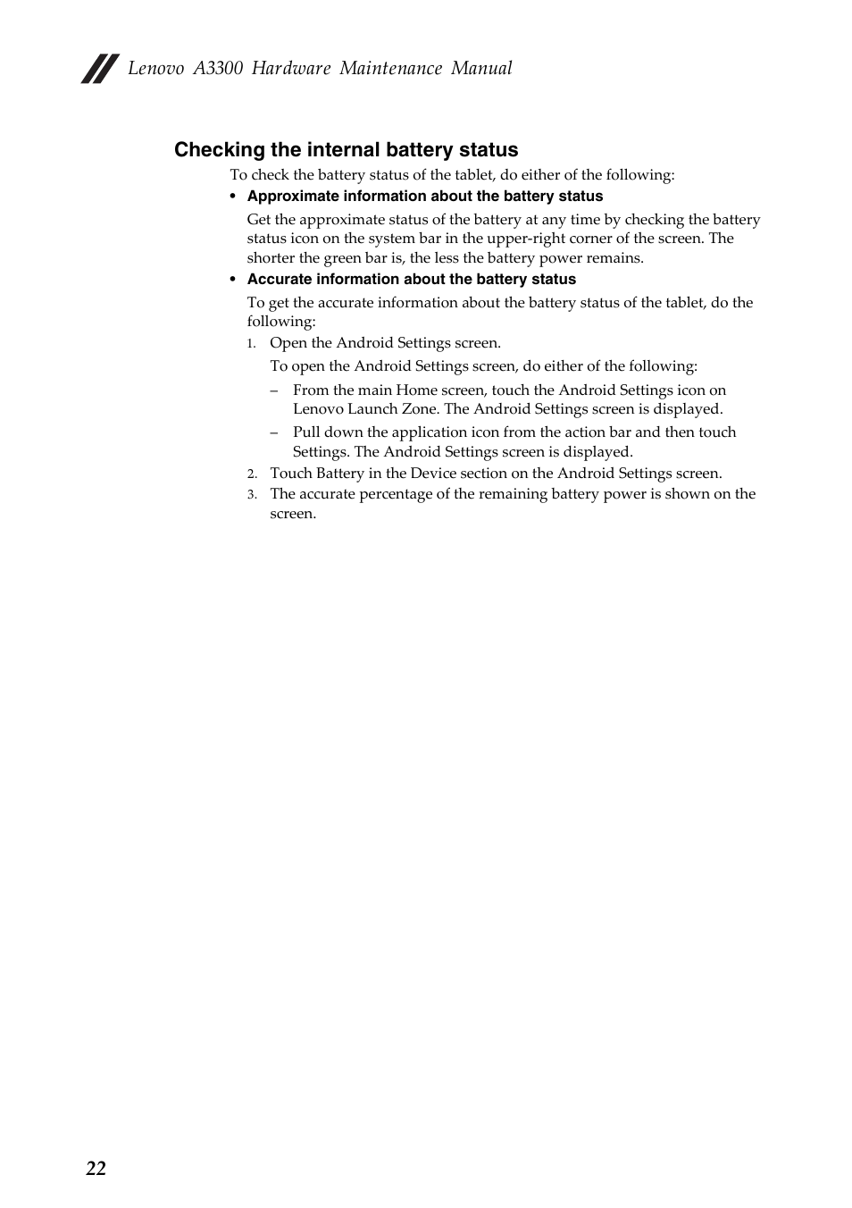 Checking the internal battery status, Lenovo a3300 hardware maintenance manual, 22 checking the internal battery status | Lenovo A7 30 Tablet User Manual | Page 26 / 66