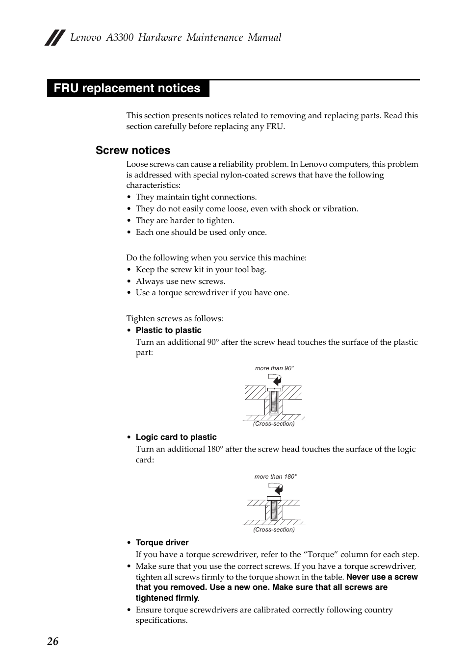 Fru replacement notices, Screw notices, Lenovo a3300 hardware maintenance manual | Lenovo A7 30 Tablet User Manual | Page 30 / 66