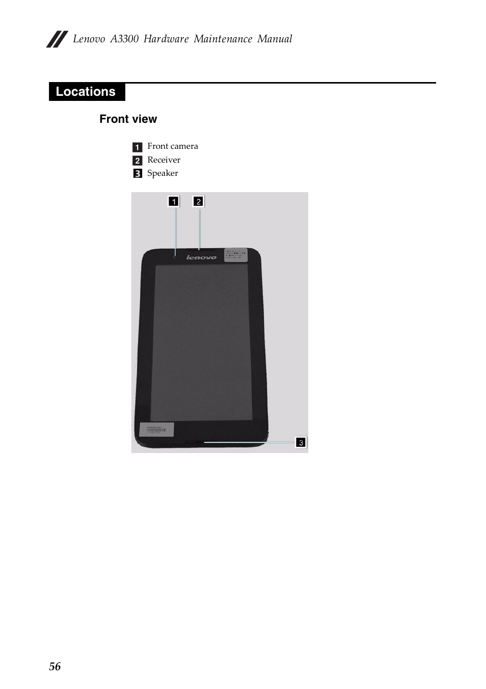 Locations, Front view, Lenovo a3300 hardware maintenance manual | Lenovo A7 30 Tablet User Manual | Page 60 / 66
