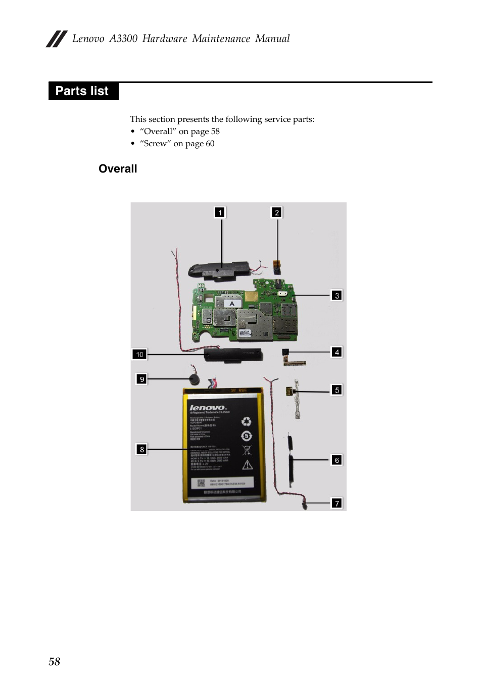 Parts list, Overall | Lenovo A7 30 Tablet User Manual | Page 62 / 66