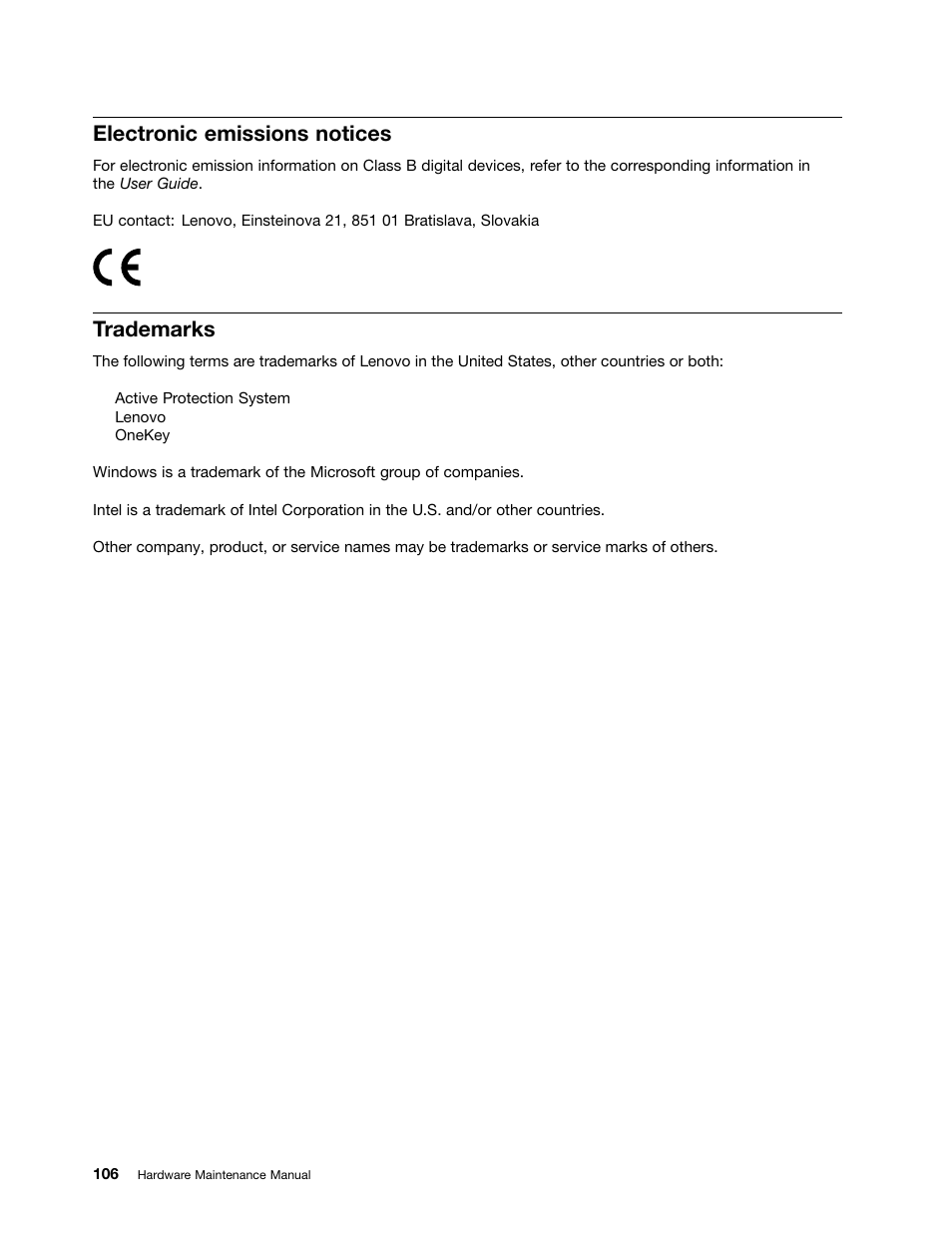 Electronic emissions notices, Trademarks | Lenovo V480c Notebook User Manual | Page 112 / 114