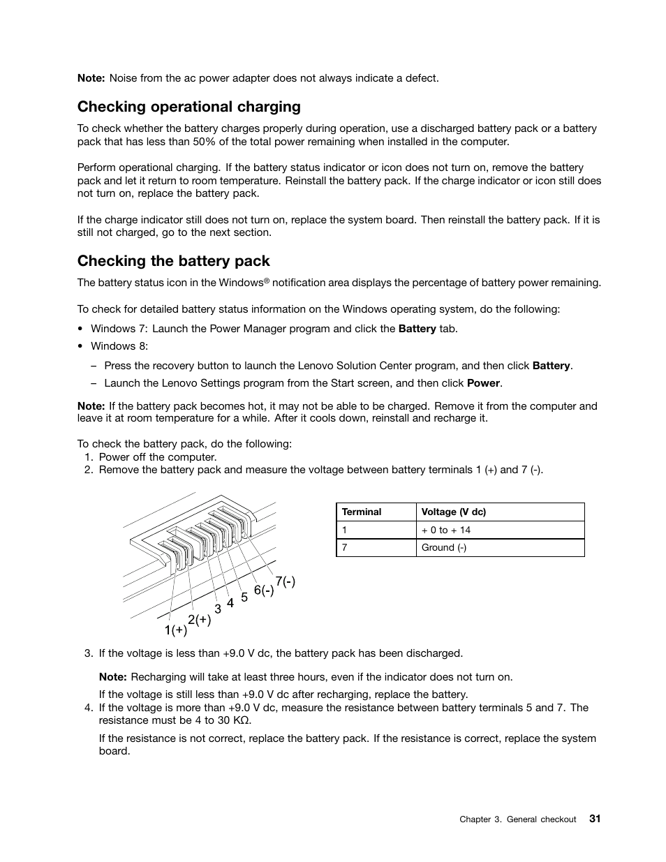 Checking operational charging, Checking the battery pack | Lenovo V480c Notebook User Manual | Page 37 / 114