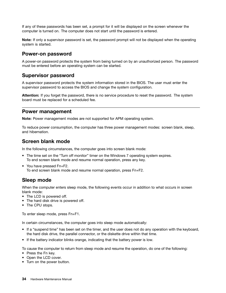 Power-on password, Supervisor password, Power management | Screen blank mode, Sleep mode | Lenovo V480c Notebook User Manual | Page 40 / 114