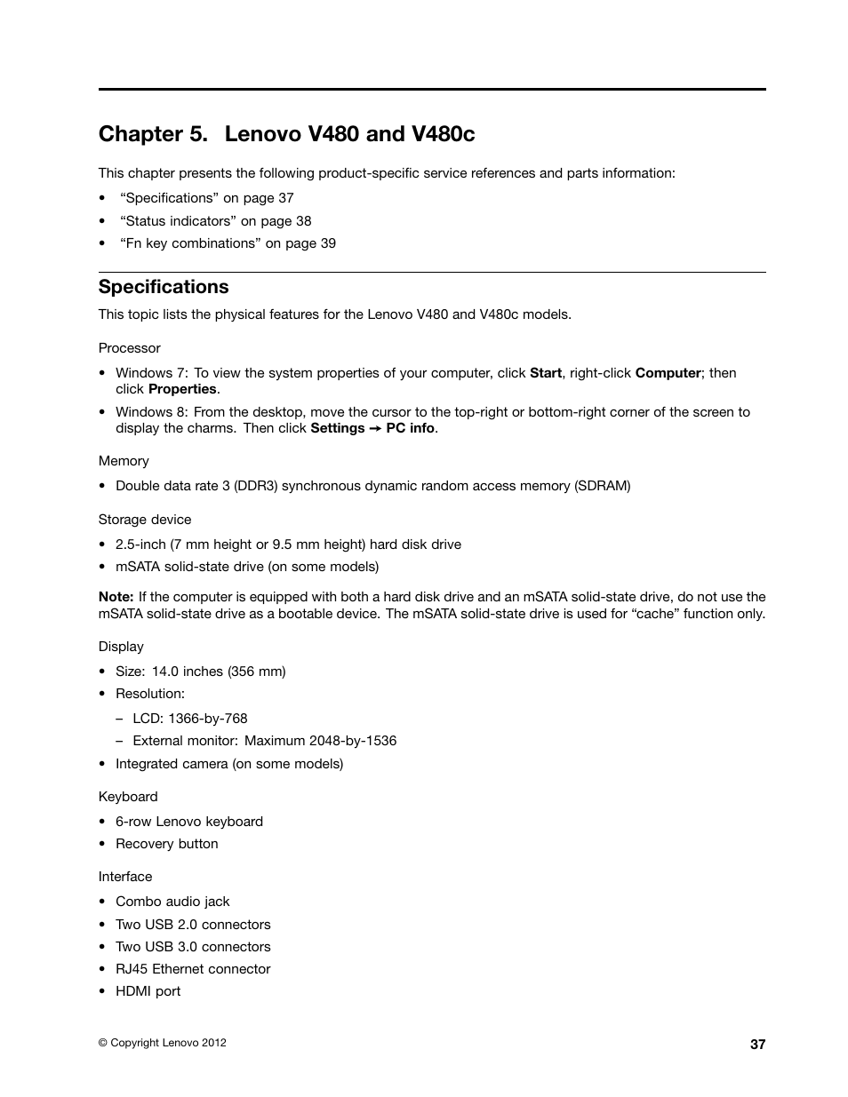 Chapter 5. lenovo v480 and v480c, Specifications | Lenovo V480c Notebook User Manual | Page 43 / 114