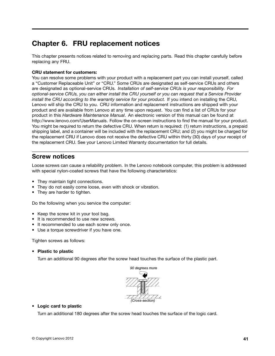 Chapter 6. fru replacement notices, Screw notices | Lenovo V480c Notebook User Manual | Page 47 / 114