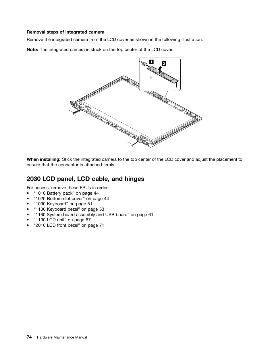 2030 lcd panel, lcd cable, and hinges | Lenovo V480c Notebook User Manual | Page 80 / 114