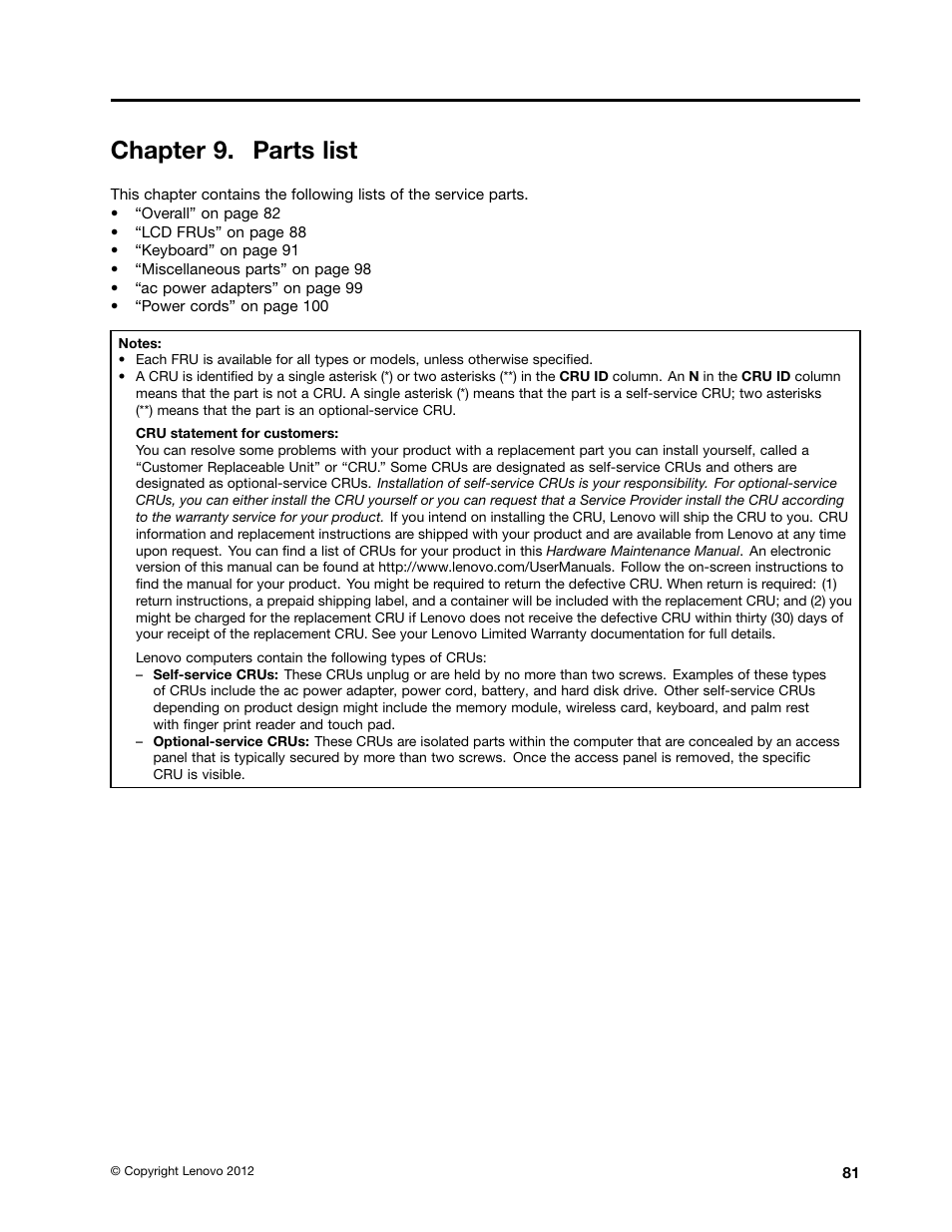 Chapter 9. parts list | Lenovo V480c Notebook User Manual | Page 87 / 114