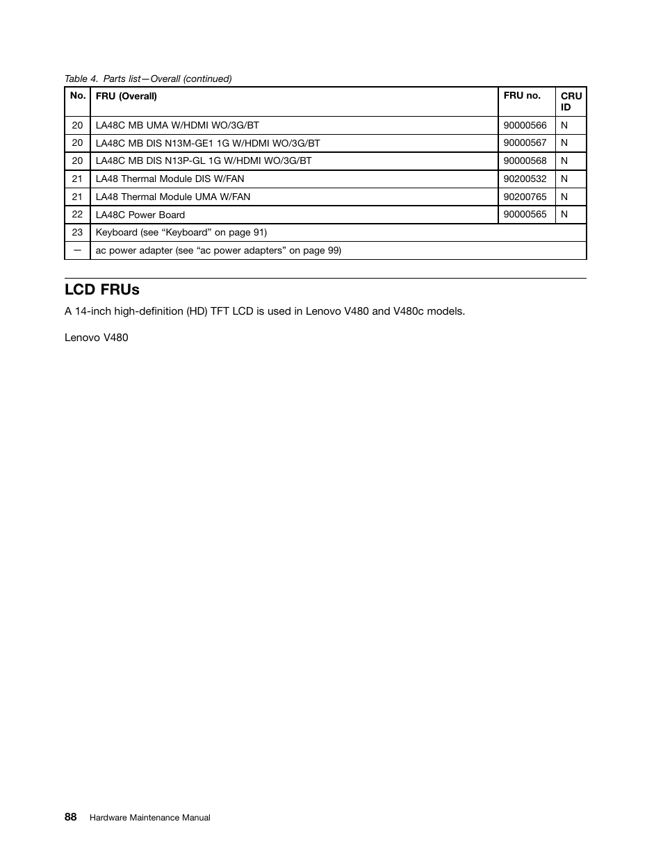 Lcd frus | Lenovo V480c Notebook User Manual | Page 94 / 114