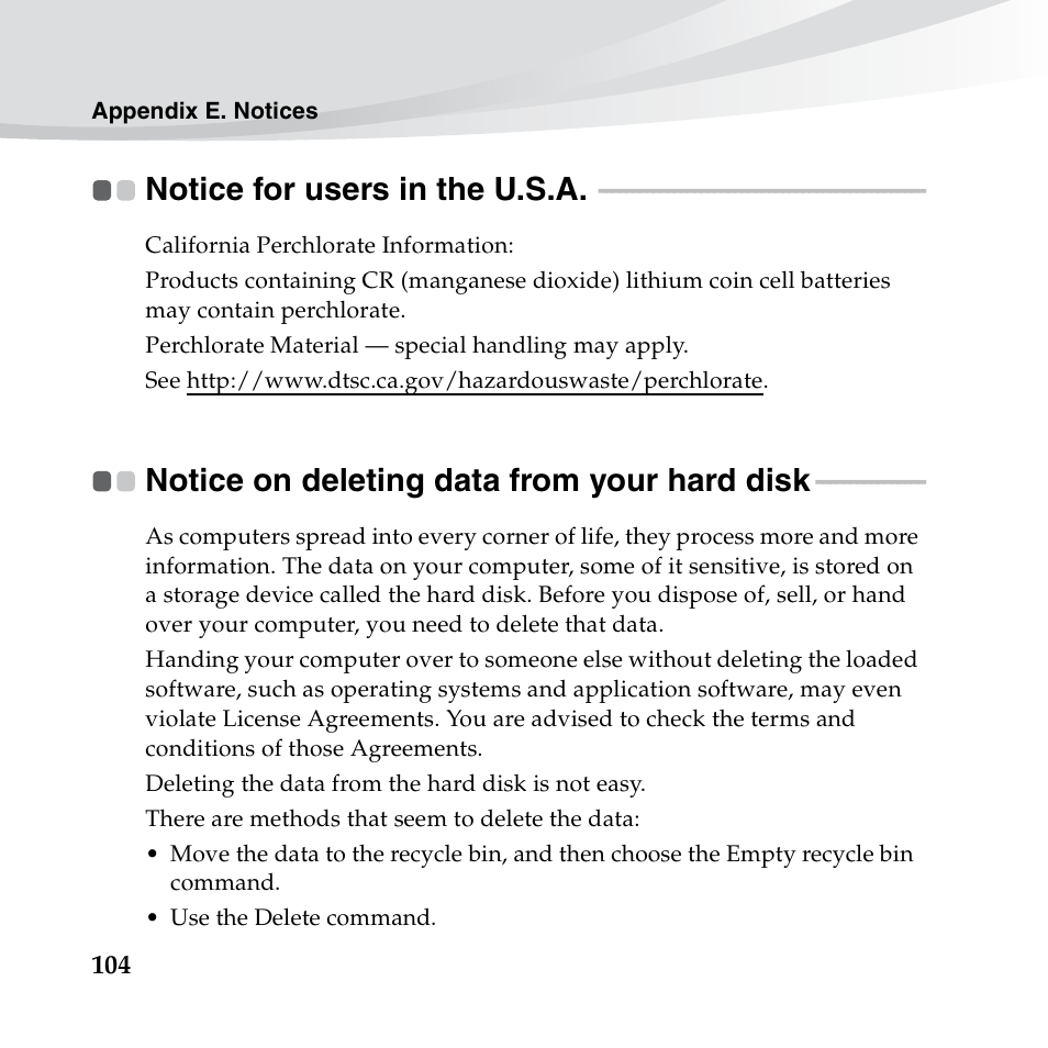 Notice for users in the u.s.a, Notice on deleting data from your hard disk | Lenovo IdeaPad S10-3c User Manual | Page 118 / 128