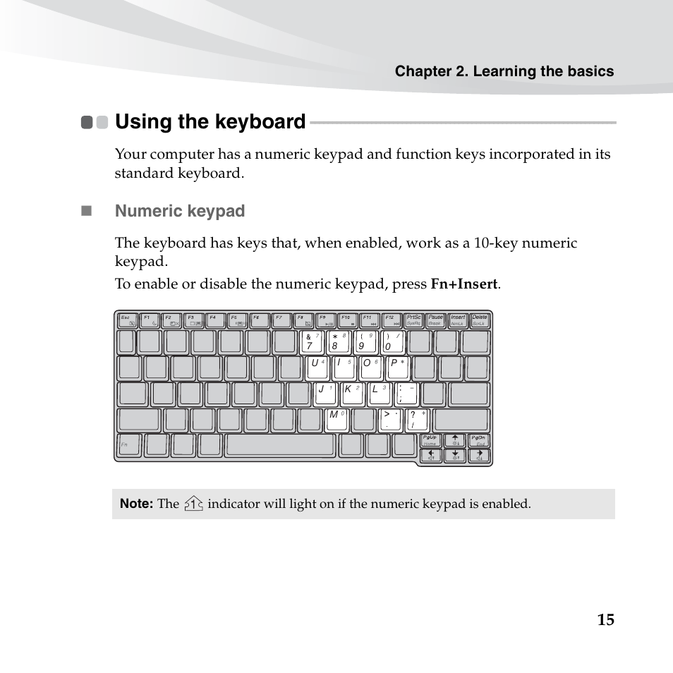 Using the keyboard, Numeric keypad, Chapter 2. learning the basics | Lenovo IdeaPad S10-3c User Manual | Page 29 / 128