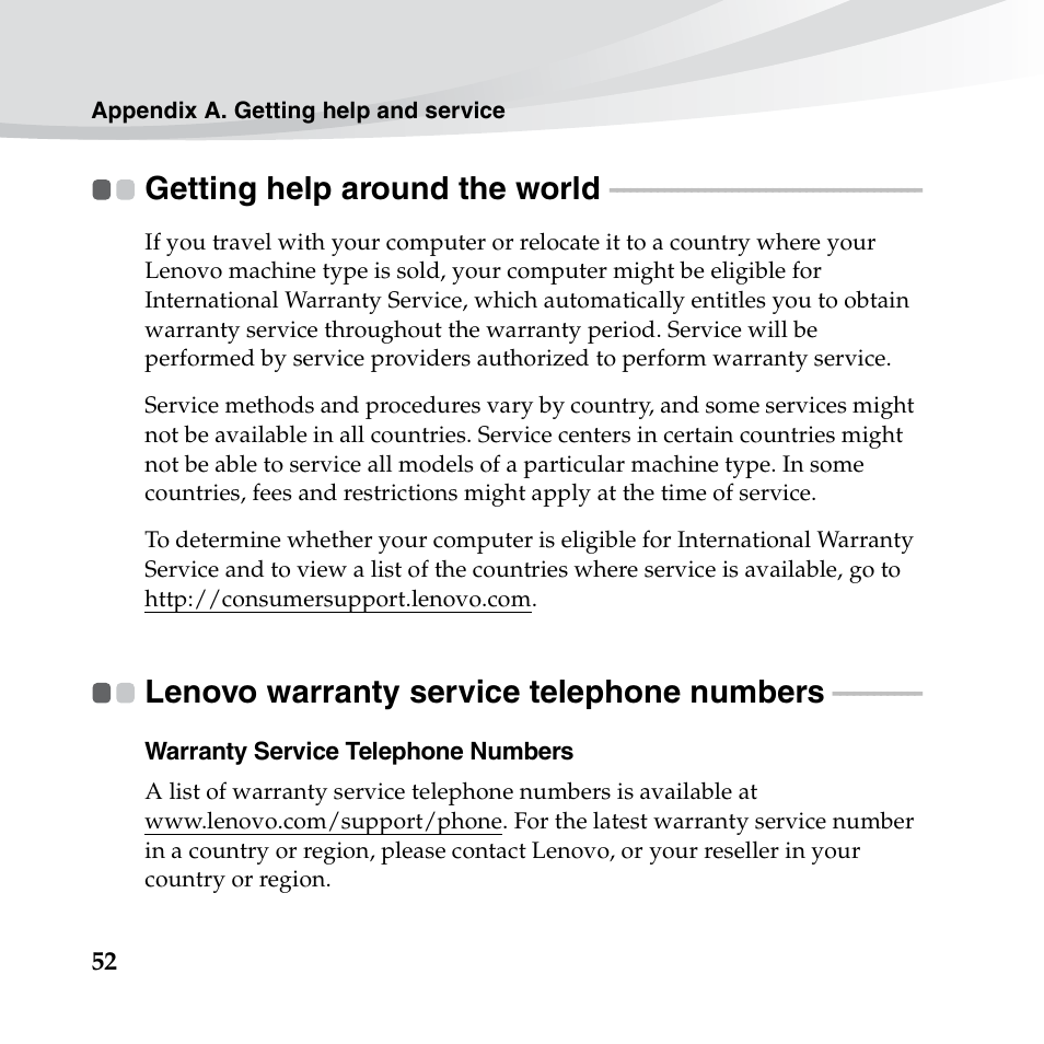 Getting help around the world, Lenovo warranty service telephone numbers | Lenovo IdeaPad S10-3c User Manual | Page 66 / 128