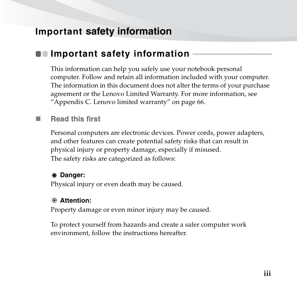 Important safety information, Important safety information...... iii, Important safety information ....iii | Safety information, Important | Lenovo IdeaPad S10-3c User Manual | Page 9 / 128
