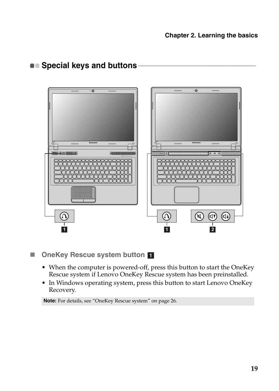 Special keys and buttons, Onekey rescue system button | Lenovo IdeaPad N586 User Manual | Page 23 / 49
