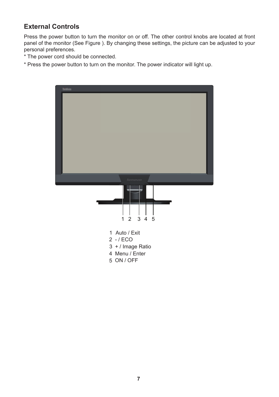 External controls | Lenovo ThinkVision E2002b 19.5” LED TFT Monitor User Manual | Page 9 / 15