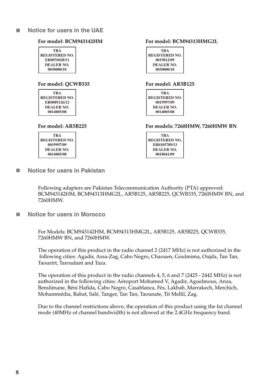 8 notice for users in the uae, Notice for users in pakistan, Notice for users in morocco | Lenovo IdeaPad Flex 14D Notebook User Manual | Page 8 / 14