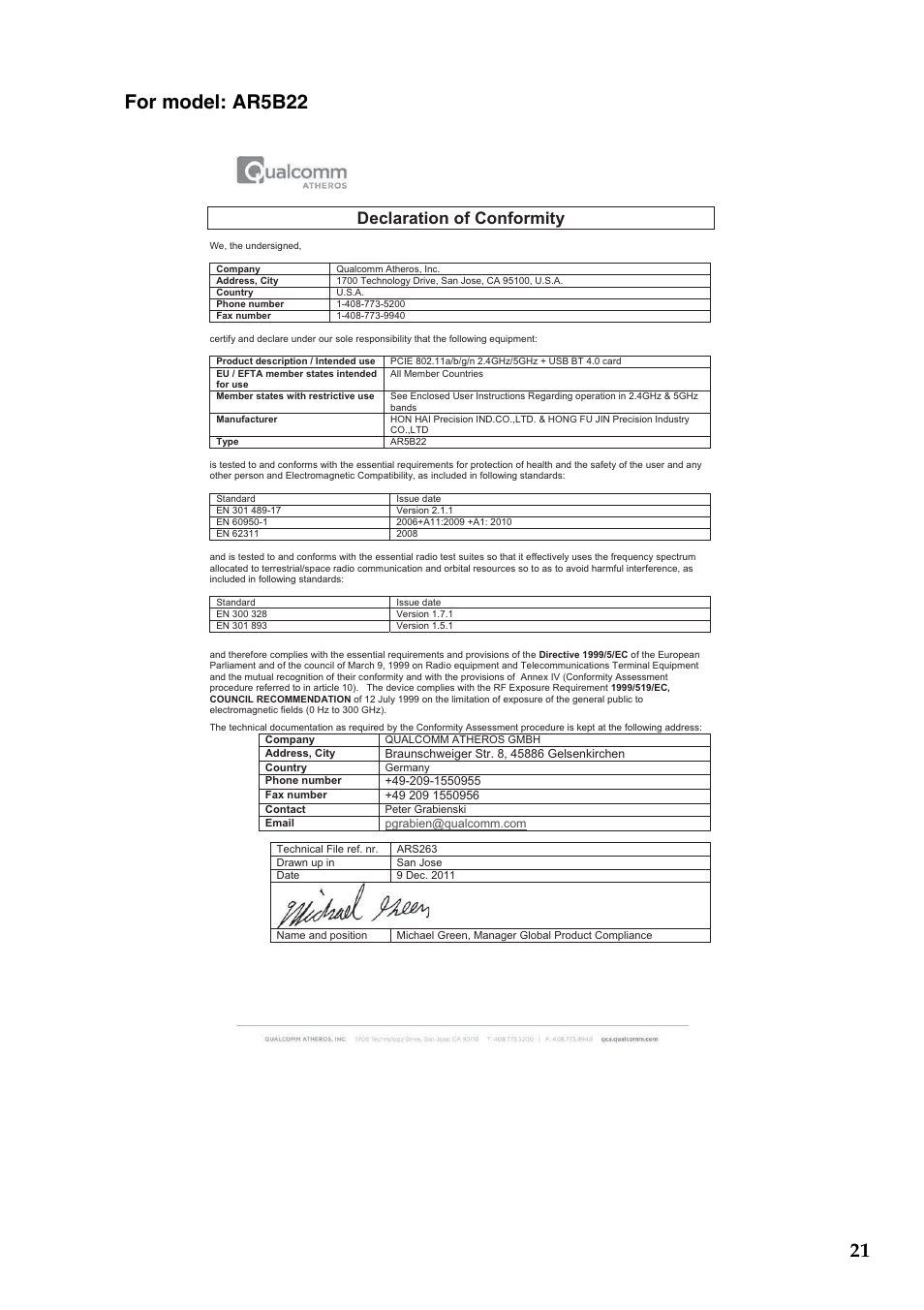 Declaration of conformity | Lenovo IdeaPad U430p Notebook User Manual | Page 22 / 43