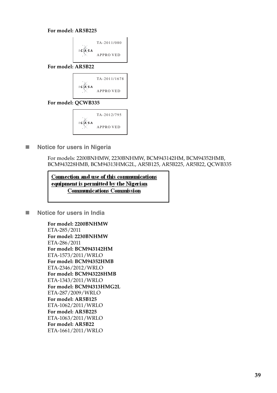 Notice for users in nigeria, Notice for users in india | Lenovo IdeaPad U430p Notebook User Manual | Page 37 / 43